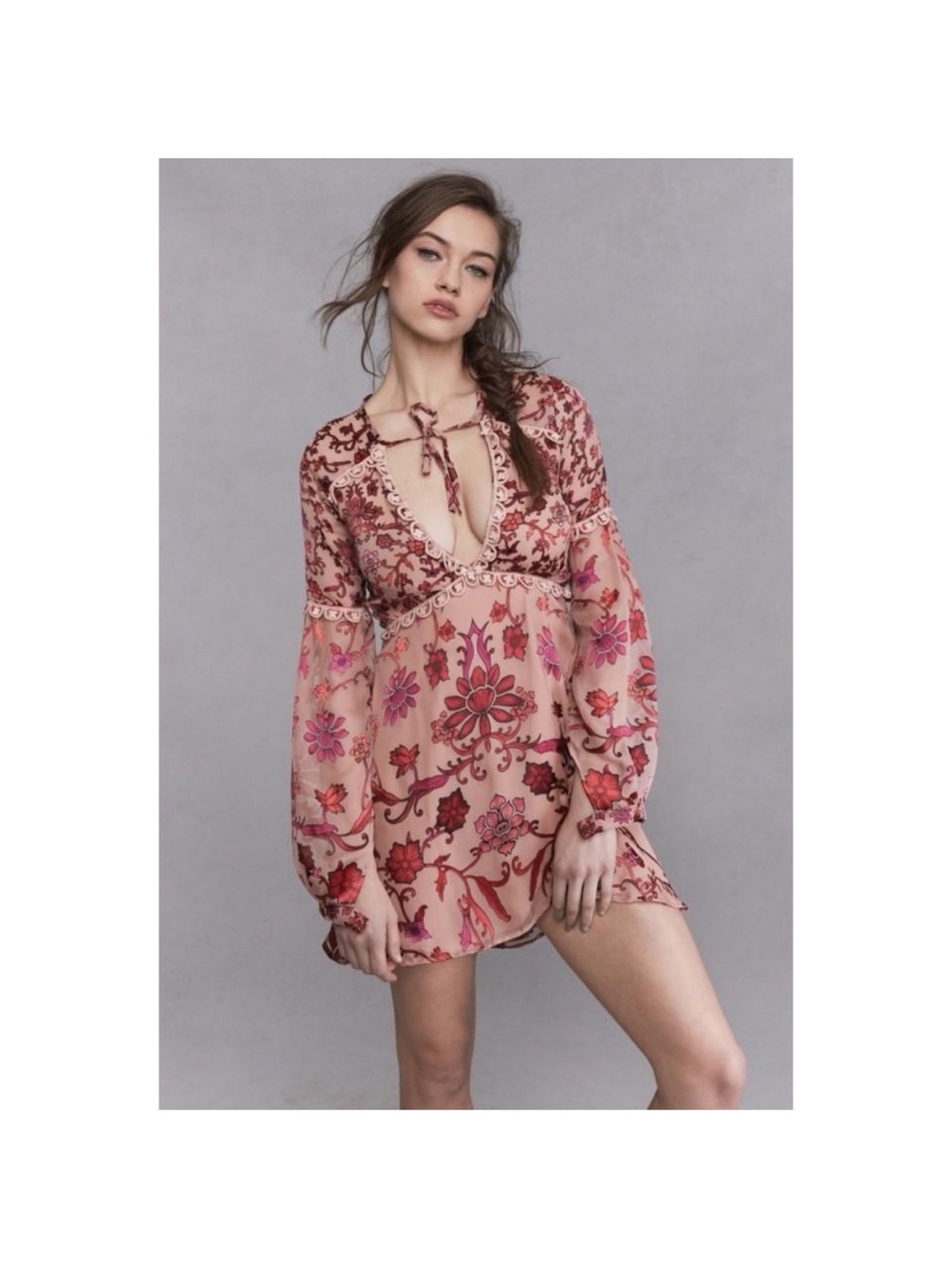 For Love And Lemons Rose-Pink Floral Tie-Front Mini Dress